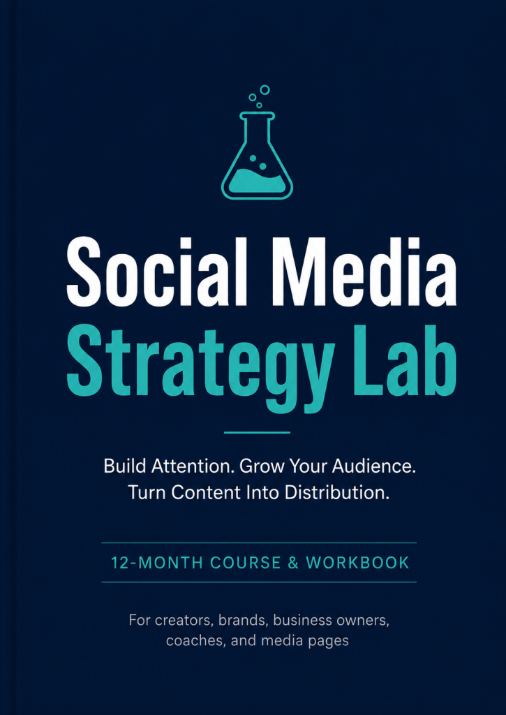 Cover of 'Social Media Strategy Lab' workbook featuring a science beaker graphic, with a subtitle about building audience and content distribution.